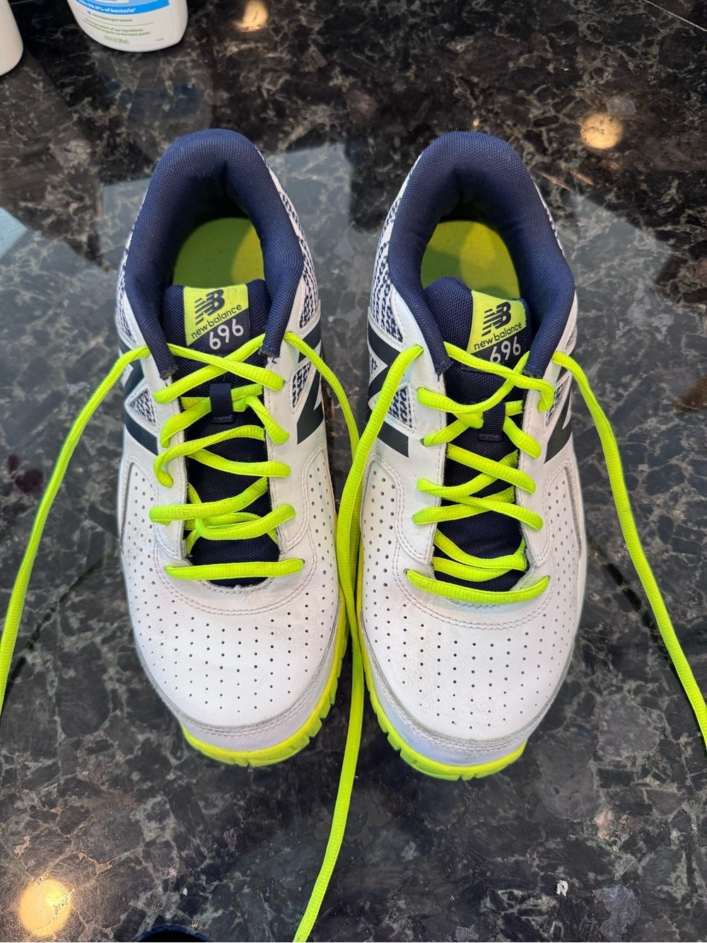 New Balance Men’s 696 White, Blue and Neon Green Athletic Shoes